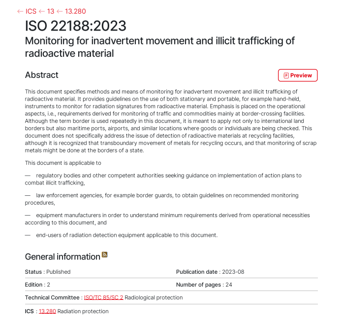 ISO&nbsp;22188:2023《放射性物質(zhì)非故意轉(zhuǎn)移和非法運輸?shù)谋O(jiān)測》正式發(fā)布