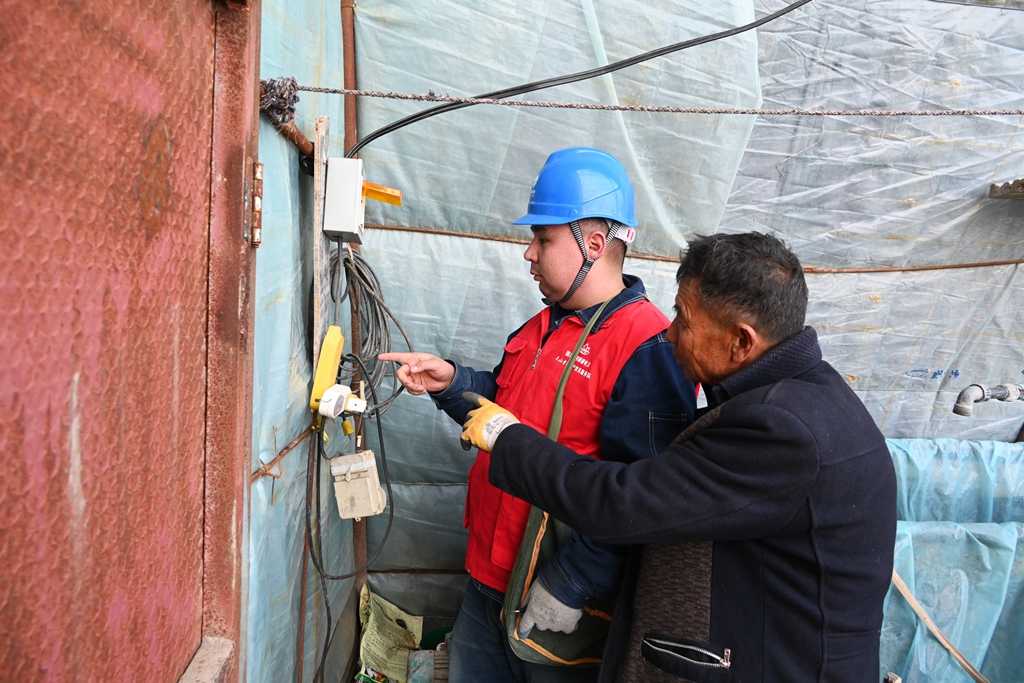 供電員工正在開展大棚育苗灌溉設(shè)備安全用電檢查。（趙文靜 攝）_副本.jpg